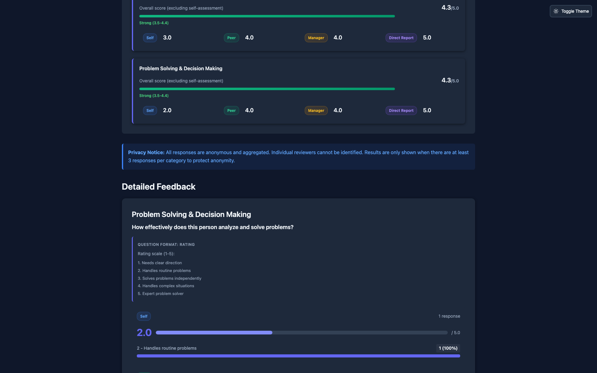 Professional skills detailed feedback view in dark mode with granular response data