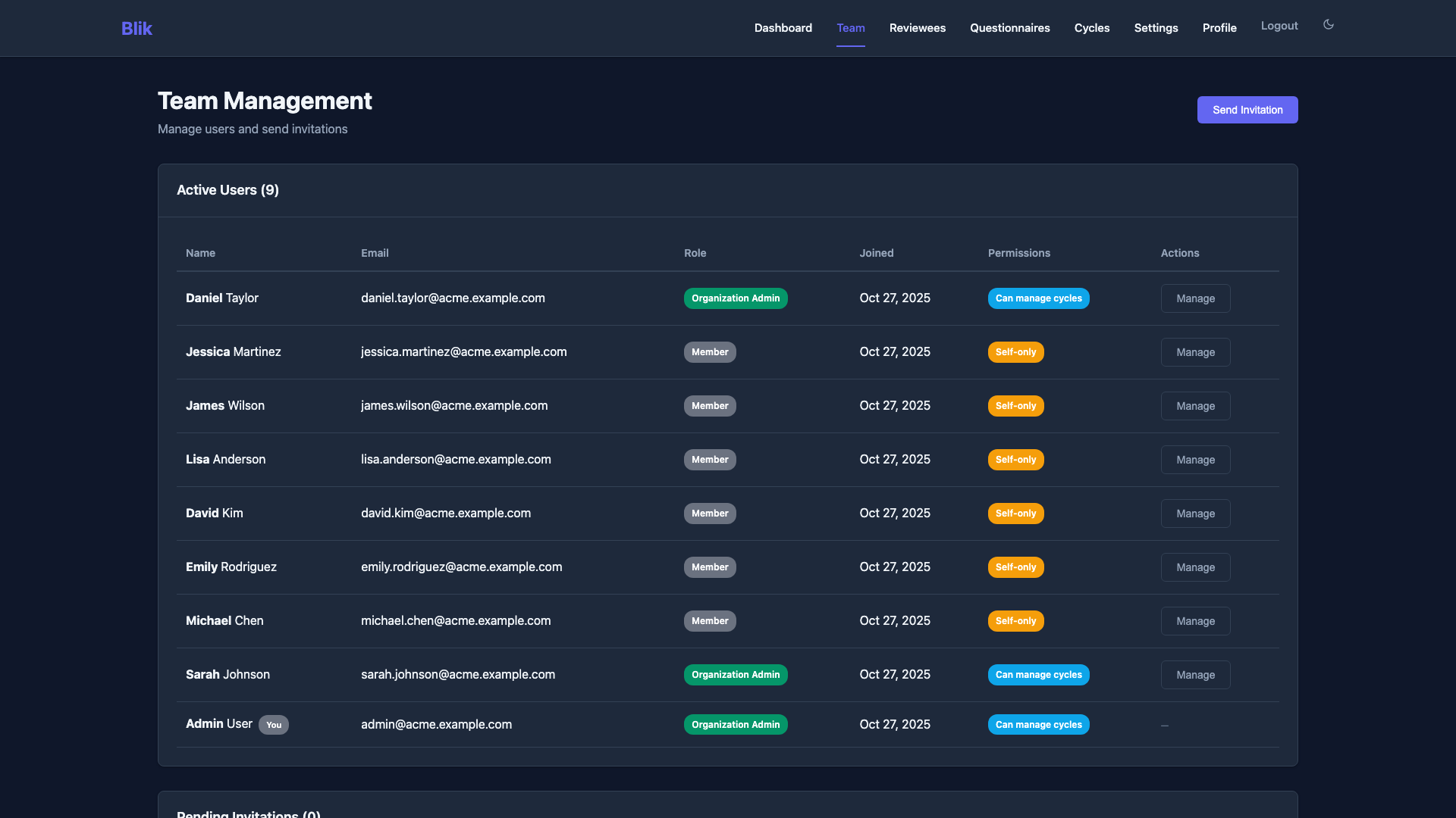 Team Management Interface - Dark Theme