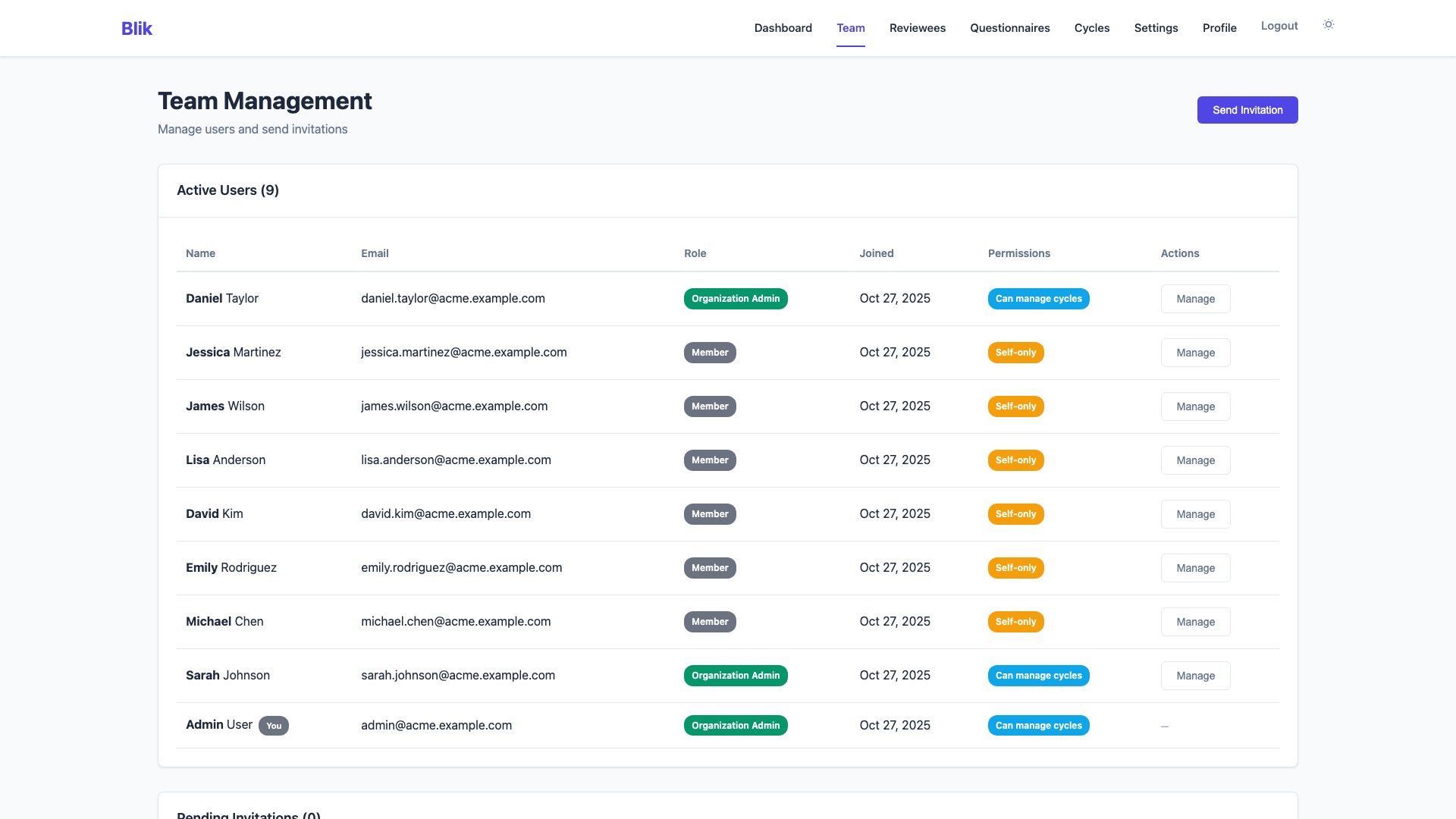 Team Management Interface - Light Theme